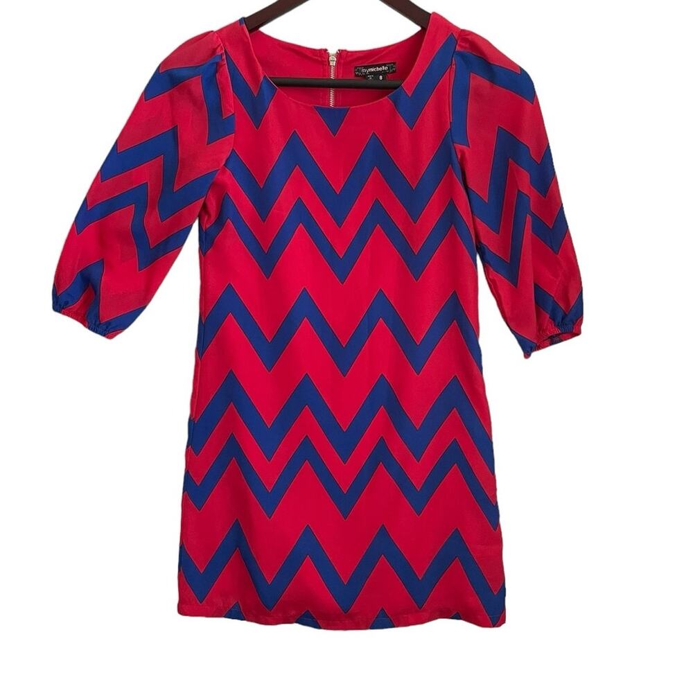 My Michelle Girls Dress 8 Red Blue Chevron Crew‎ Neck 3/4 Sleeve Lined Back Zip